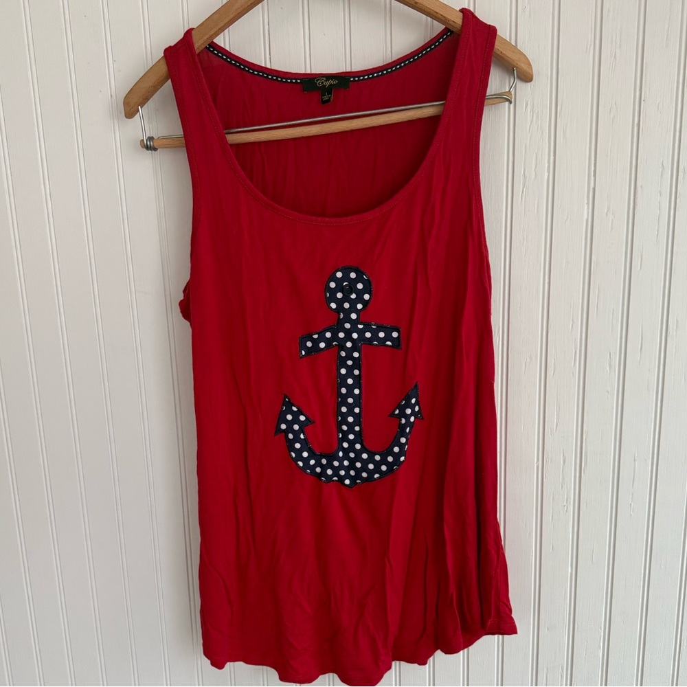 Cupio Red Nautical Tank Top Size L with Navy Polka-Dot Anchor
